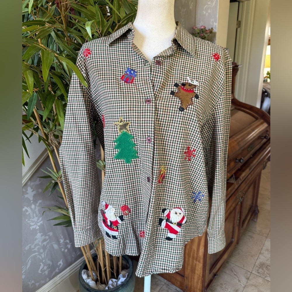 Lemon grass ladies large petite 100% cotton Christmas shirt plaid EXC COND - Picture 3 of 14